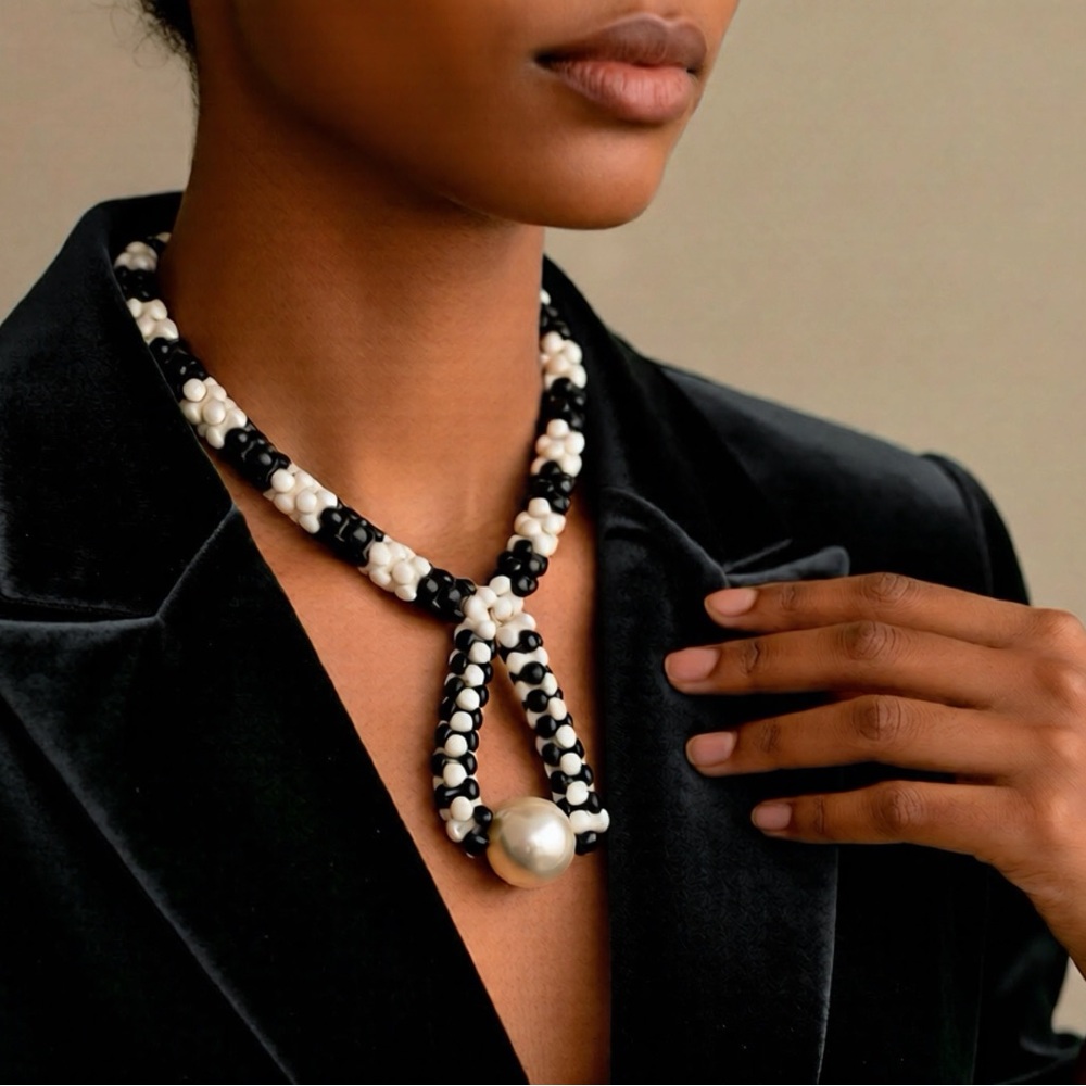 Vintage Elegant Black and White Beaded Necklace